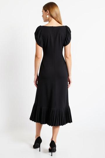 Black Square Neck A Line Pleated Long Work Dress